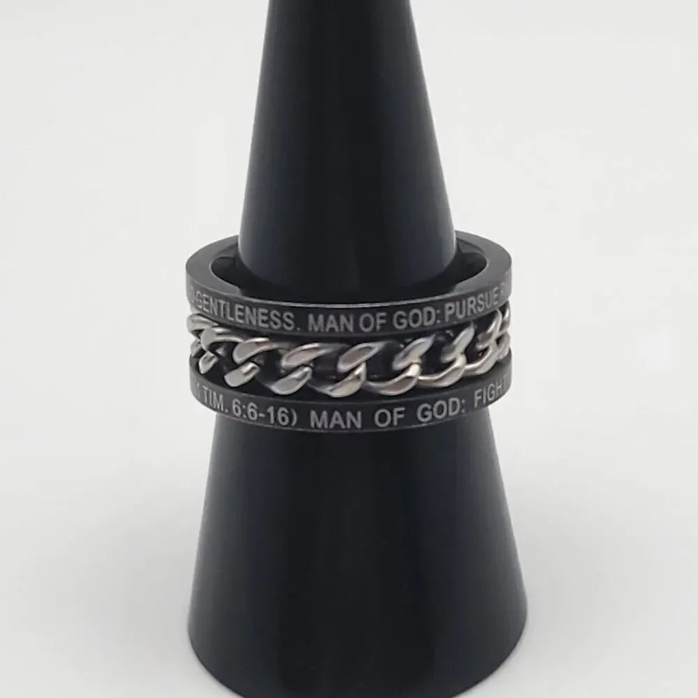 Stainless Steel Gunmetal & Silver Tone Chain Man of God Fidget Ring (8.5)